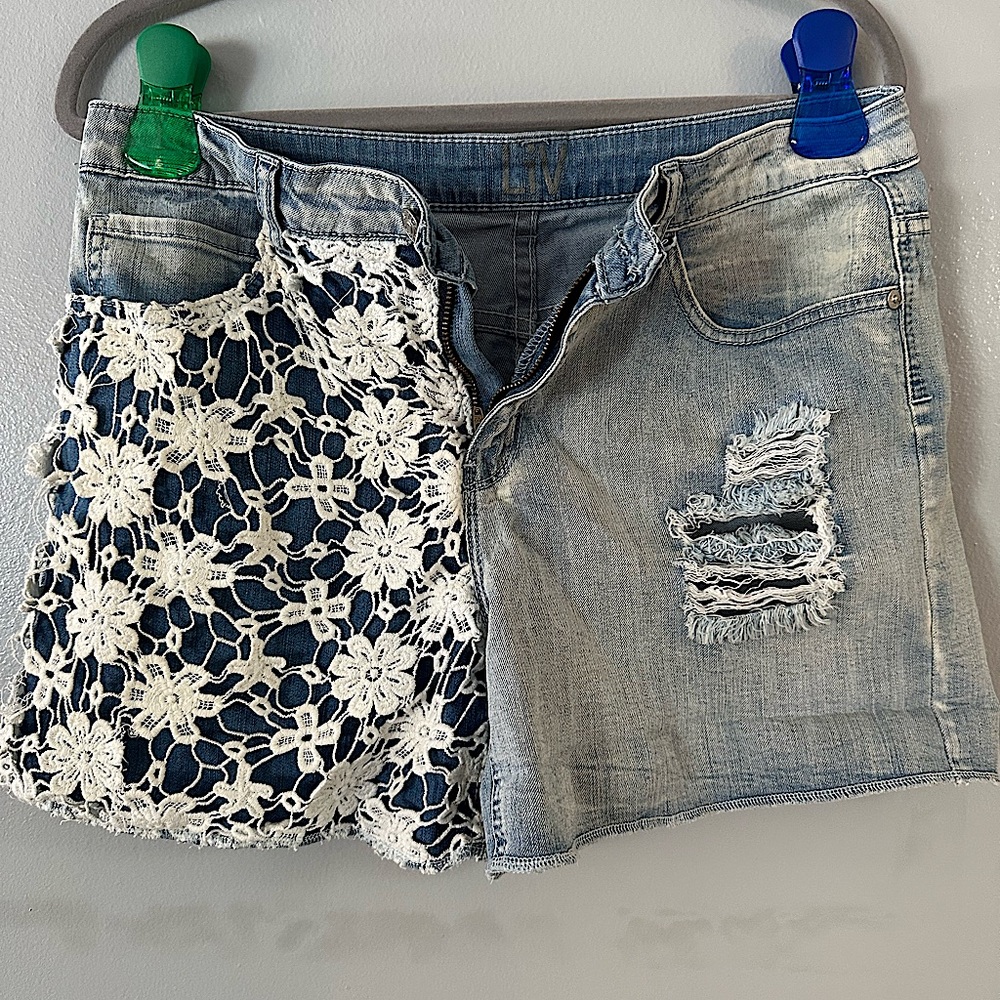 Distressed Lightwash Jean Shorts with Lace Overlay Size 13/14